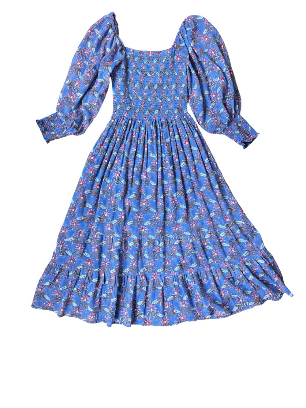 Oliphant Blue Floral Smocked Cotton Midi Dress Size M